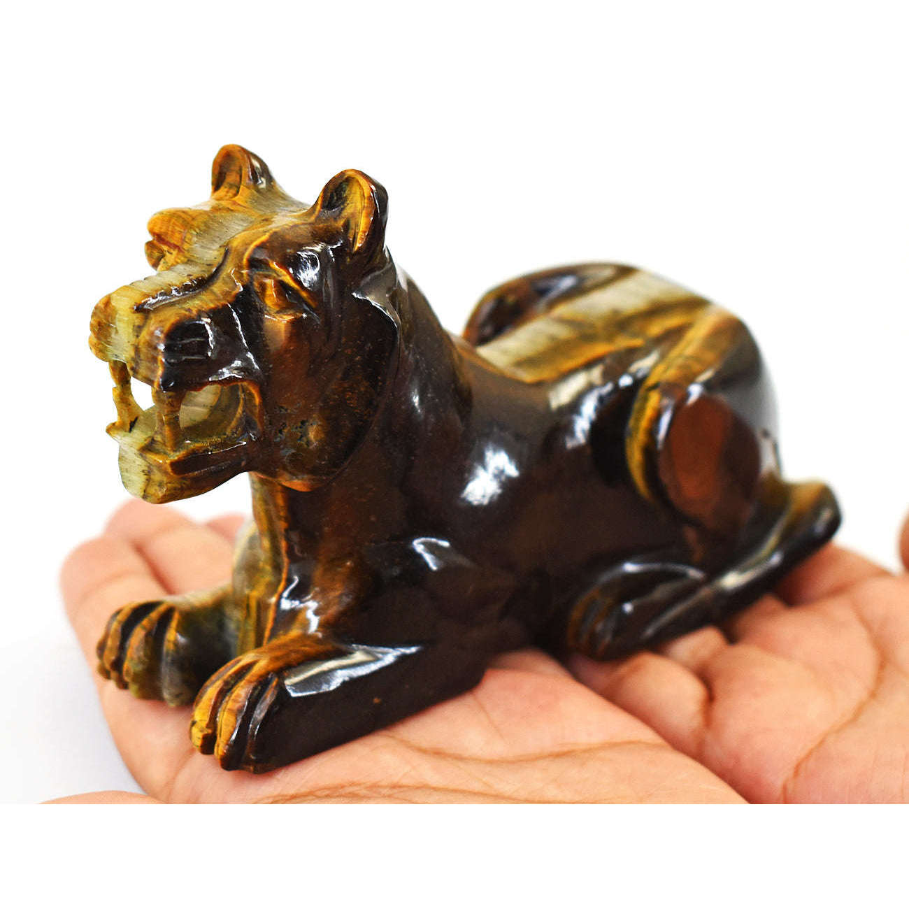 gemsmore:Artisian Tiger Eye  Hand Carved Genuine Crystal Gemstone Carving Lion