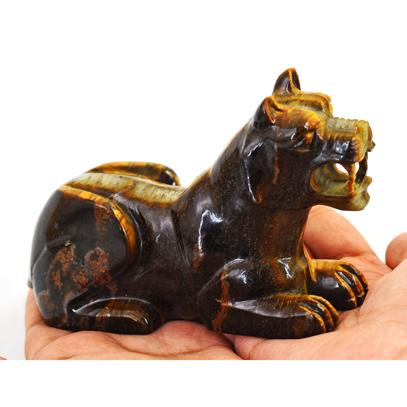 gemsmore:Artisian Tiger Eye  Hand Carved Genuine Crystal Gemstone Carving Lion