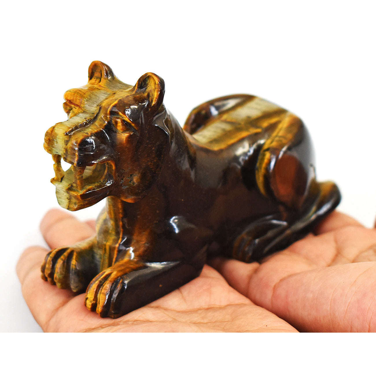 gemsmore:Artisian Tiger Eye  Hand Carved Genuine Crystal Gemstone Carving Lion