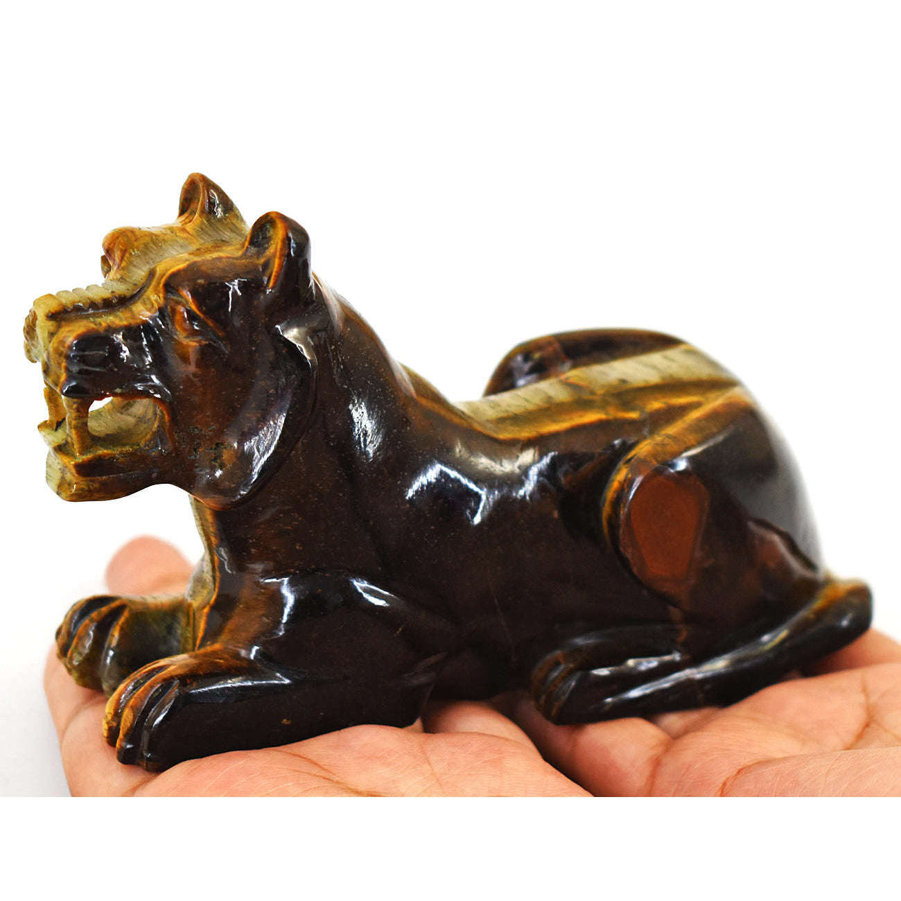 gemsmore:Artisian Tiger Eye  Hand Carved Genuine Crystal Gemstone Carving Lion