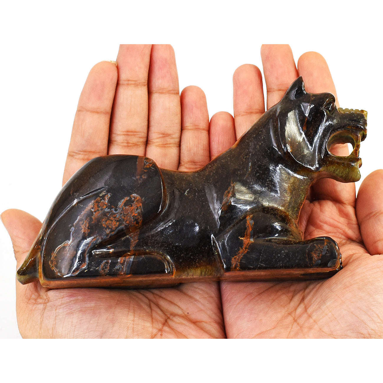 gemsmore:Artisian Tiger Eye  Hand Carved Genuine Crystal Gemstone Carving Lion