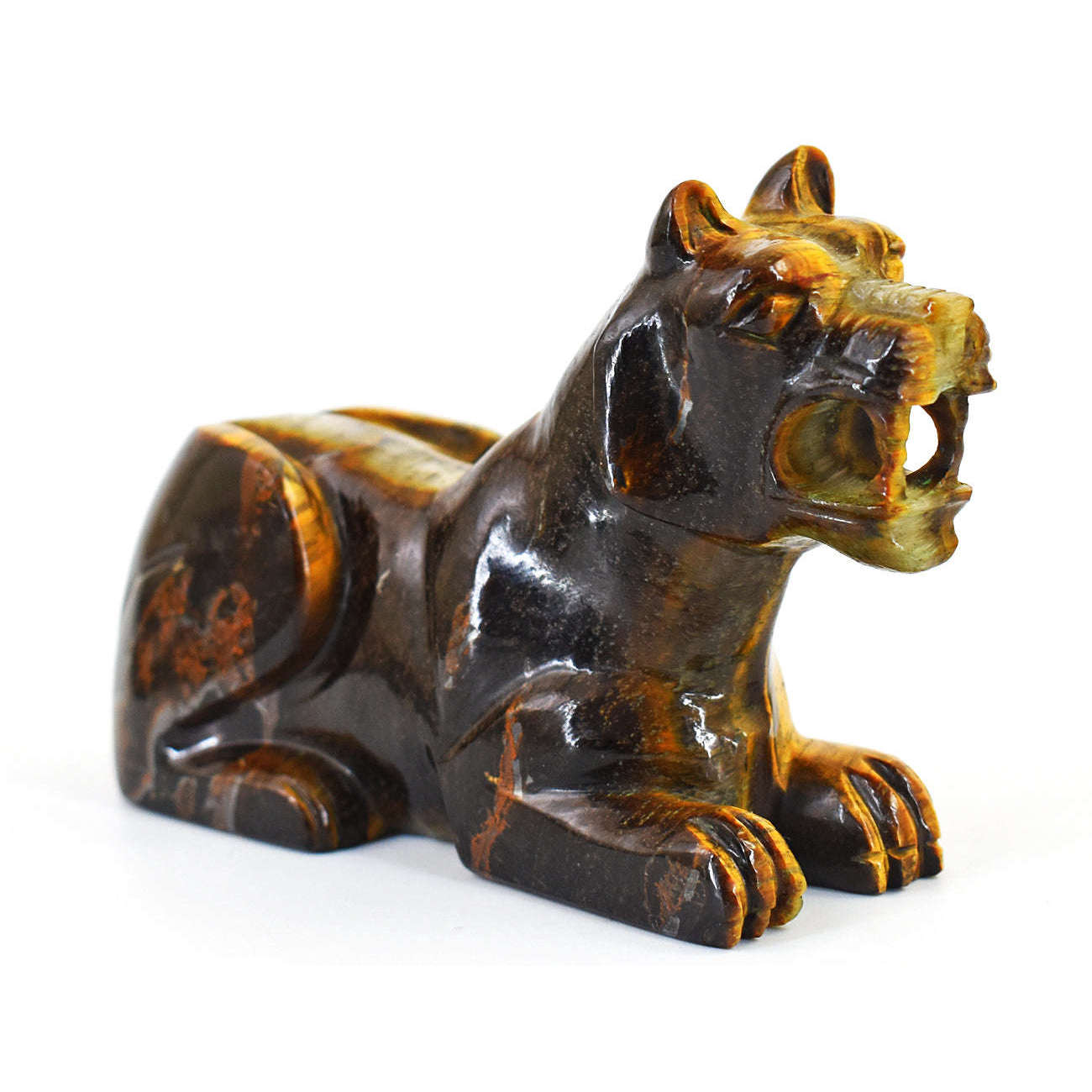 gemsmore:Artisian Tiger Eye  Hand Carved Genuine Crystal Gemstone Carving Lion