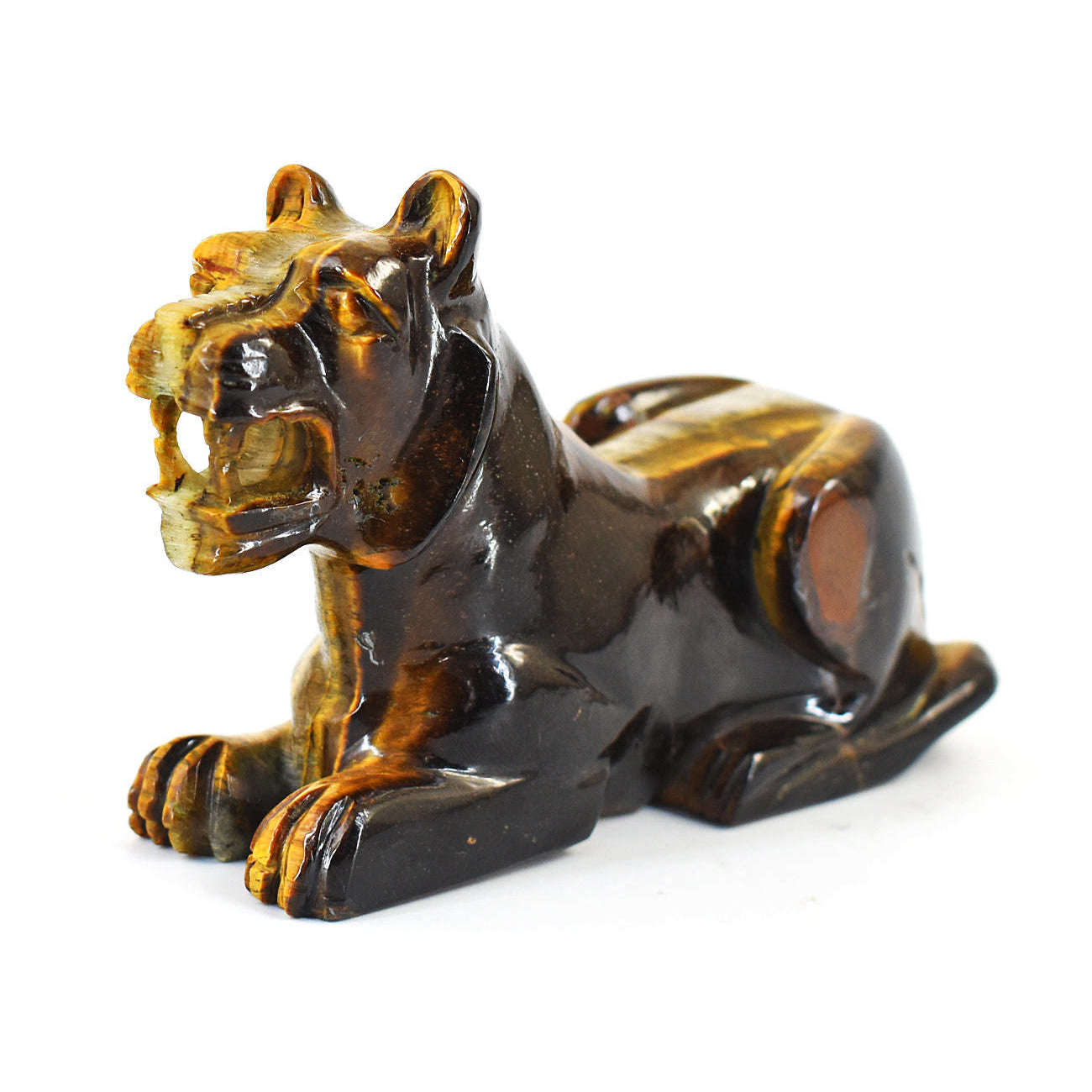 gemsmore:Artisian Tiger Eye  Hand Carved Genuine Crystal Gemstone Carving Lion