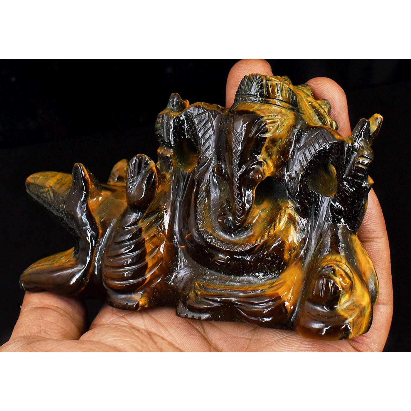 gemsmore:Artisian Tiger Eye Hand Carved Genuine Crystal Gemstone Carving Lord Ganesha