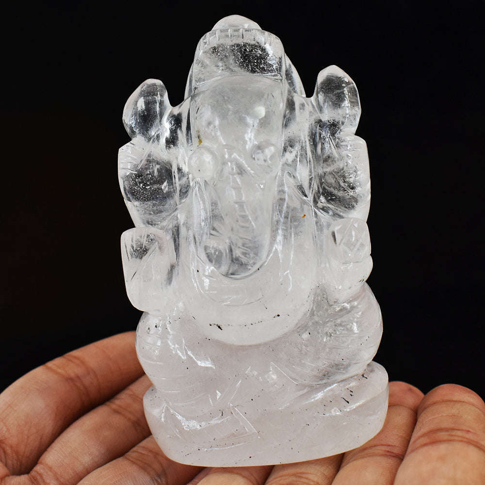 gemsmore:Artisian White Quartz Hand Carved Crystal Lord Ganesha Genuine Carving Gemstone