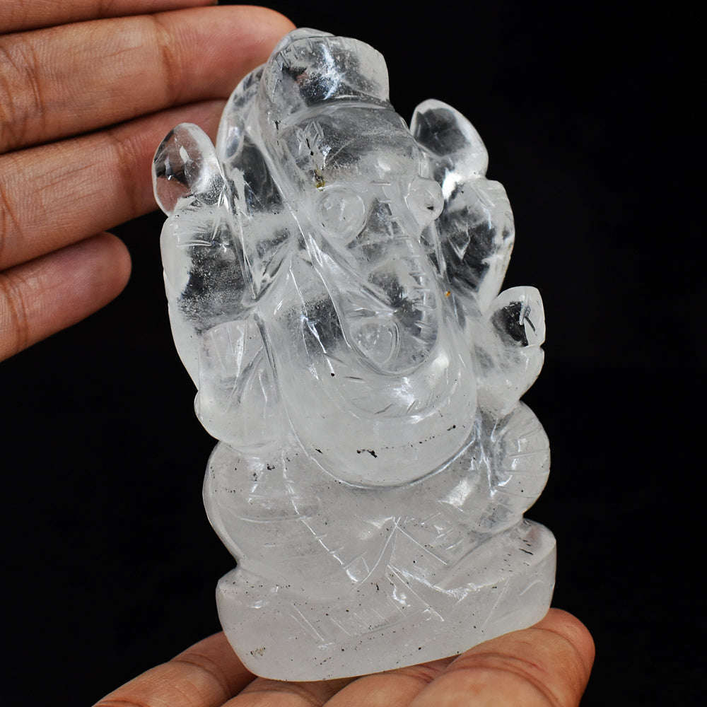 gemsmore:Artisian White Quartz Hand Carved Crystal Lord Ganesha Genuine Carving Gemstone