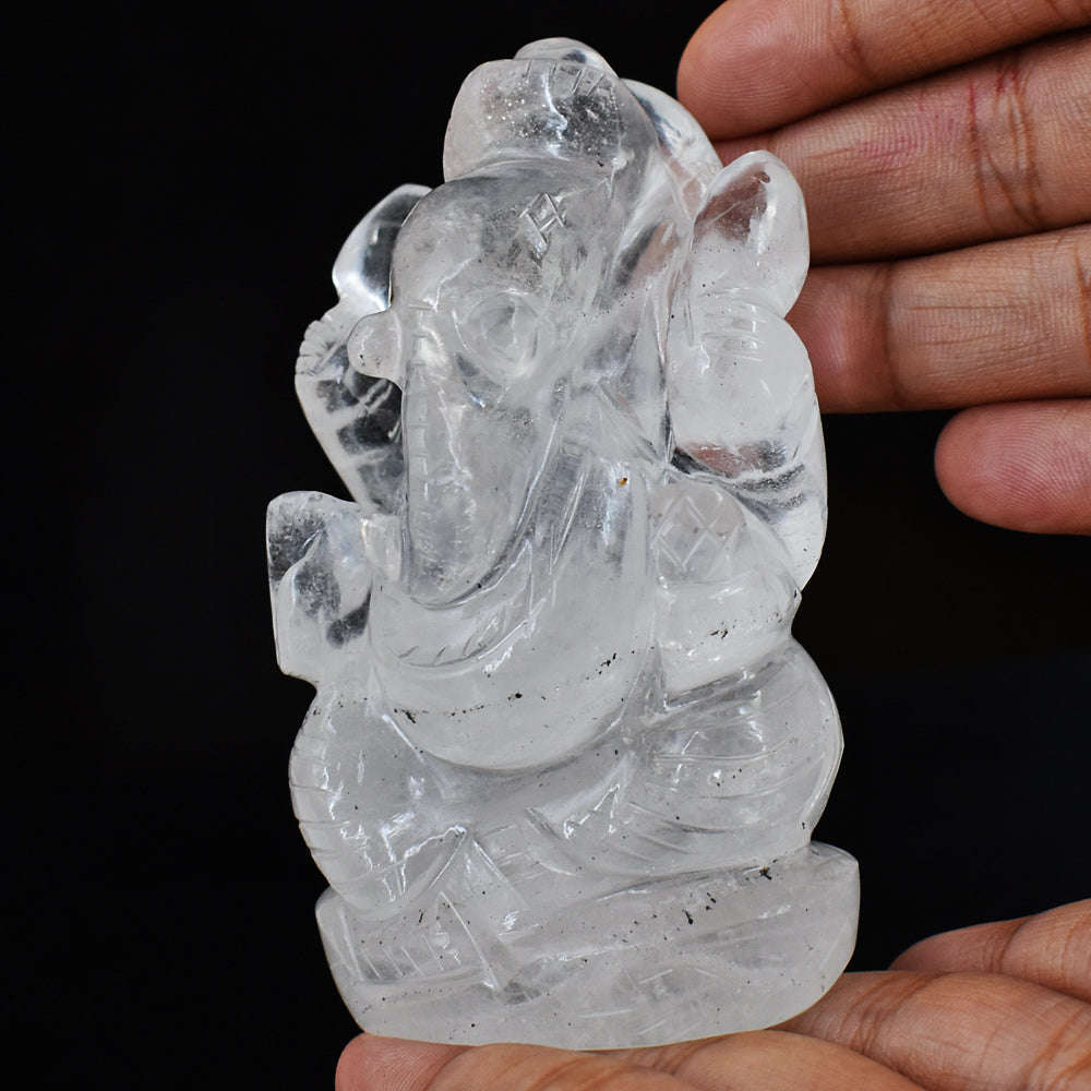 gemsmore:Artisian White Quartz Hand Carved Crystal Lord Ganesha Genuine Carving Gemstone