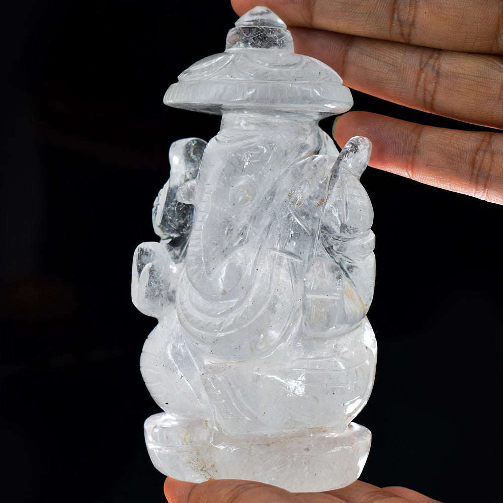 gemsmore:Artisian White Quartz Hand Carved Crystal Lord Ganesha With Throne