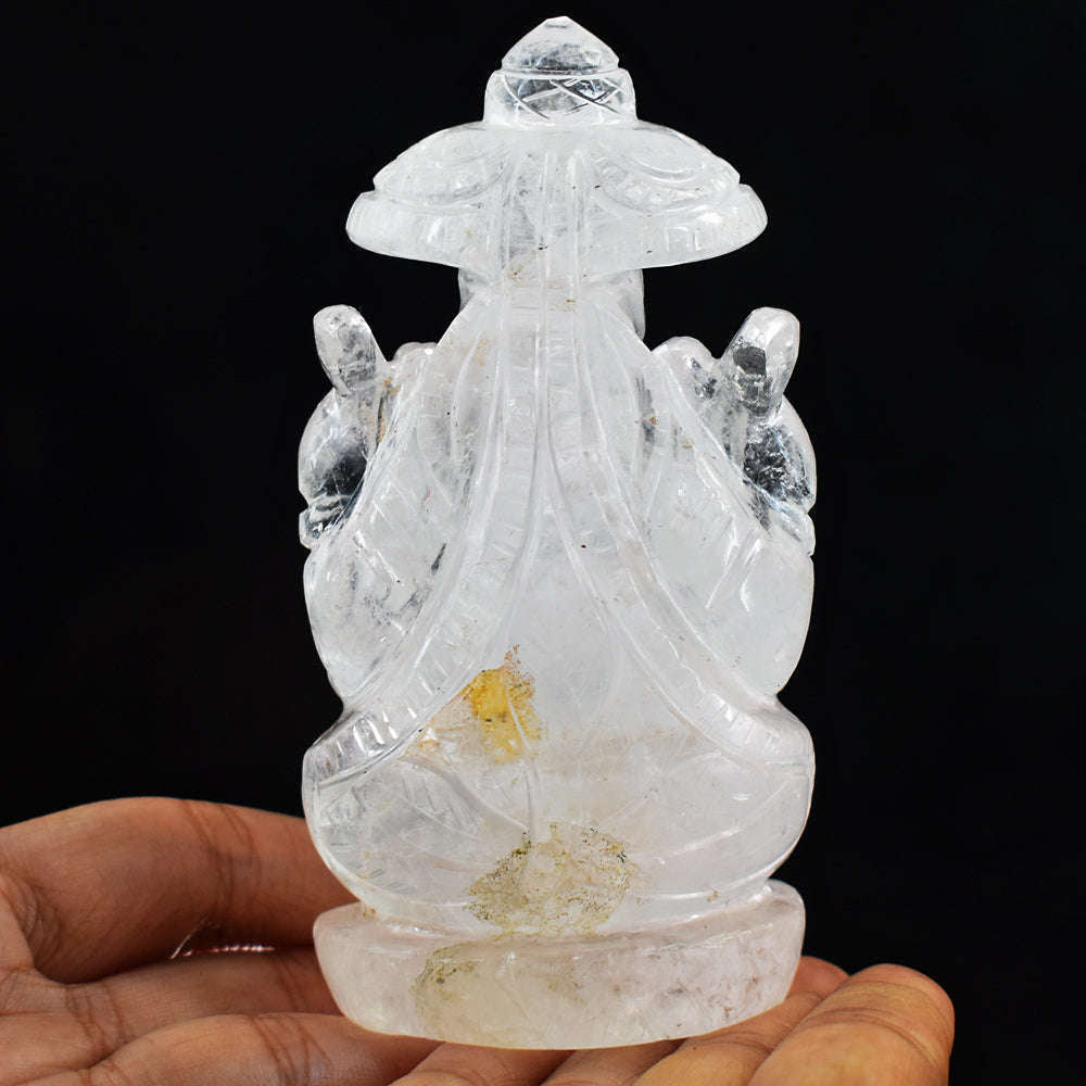 gemsmore:Artisian White Quartz Hand Carved Crystal Lord Ganesha With Throne