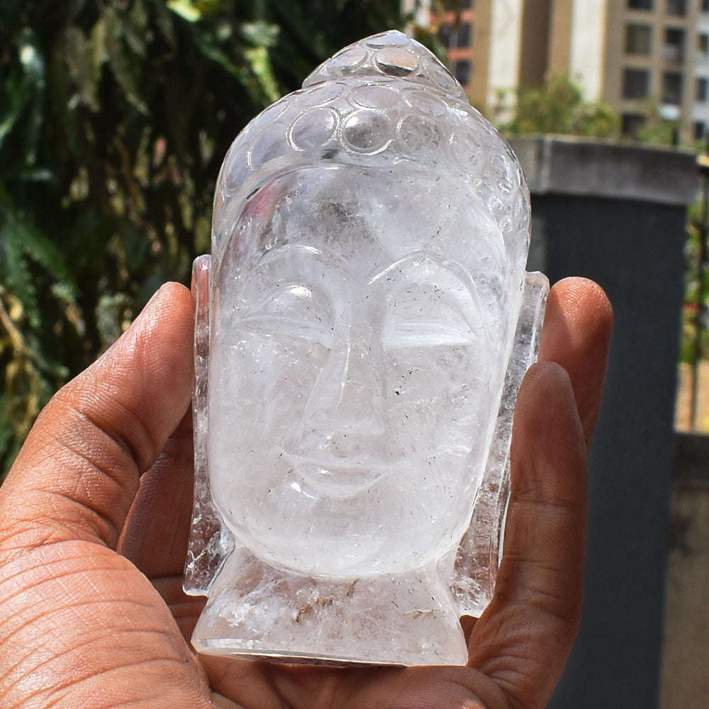 gemsmore:Artisian White Quartz Hand Carved Genuine Crystal Gemstone Carving Buddha Head