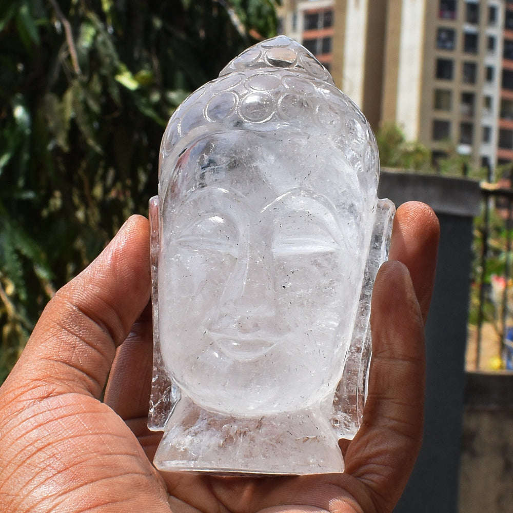 gemsmore:Artisian White Quartz Hand Carved Genuine Crystal Gemstone Carving Buddha Head