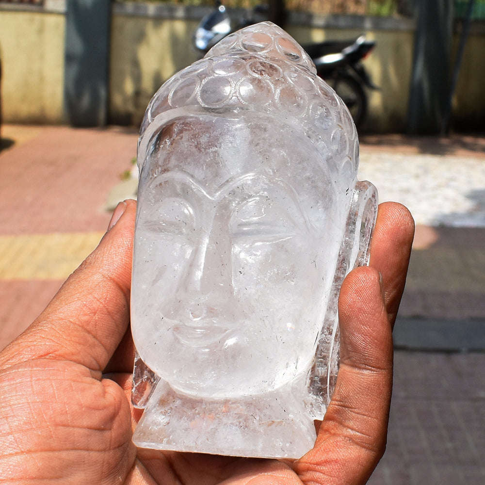 gemsmore:Artisian White Quartz Hand Carved Genuine Crystal Gemstone Carving Buddha Head