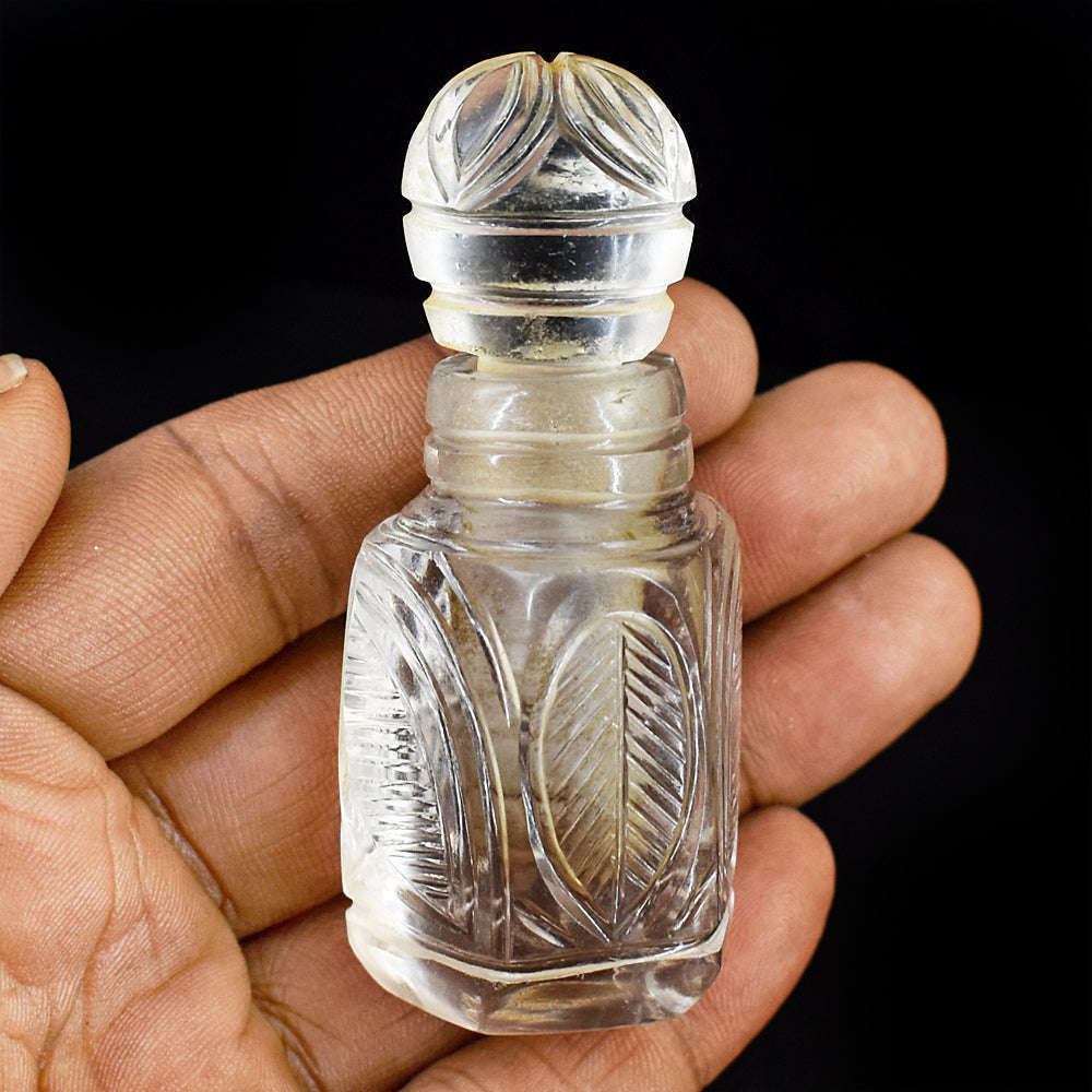 gemsmore:Artisian White Quartz  Hand Carved Genuine Crystal Gemstone Carving Perfume Bottle