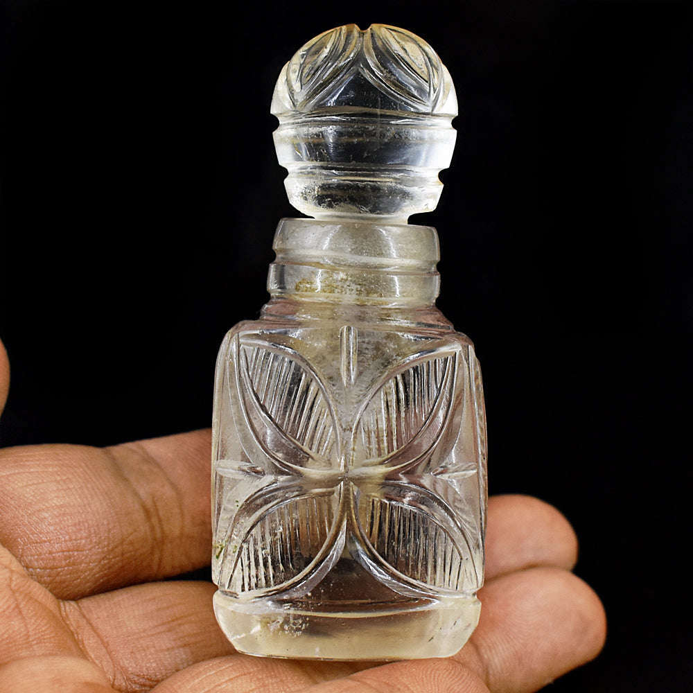 gemsmore:Artisian White Quartz  Hand Carved Genuine Crystal Gemstone Carving Perfume Bottle