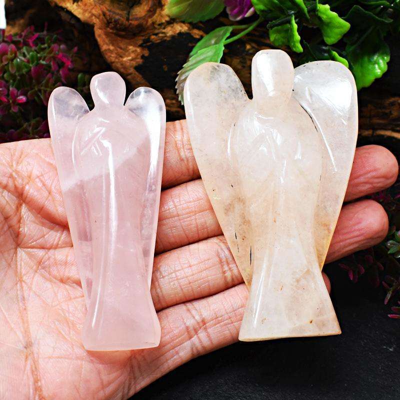 gemsmore:Aventurine & Rose Quartz Carved Healing Angel Set