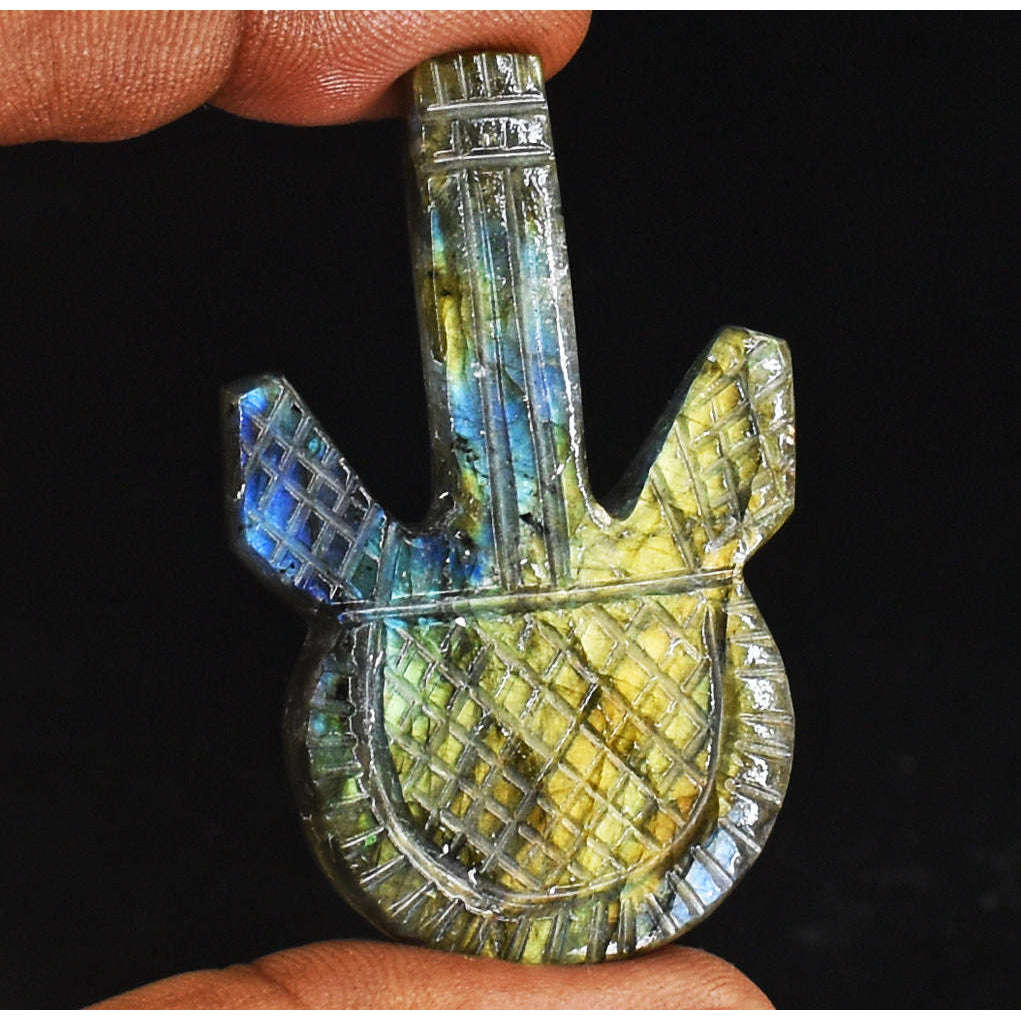 gemsmore:Beautiful 90 Carats Genuine Blue & Golden Flash Labradorite Carved Guitar