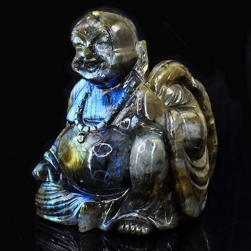 gemsmore:Beautiful Amazing Flash Labradorite Hand Carved Laughing Buddha