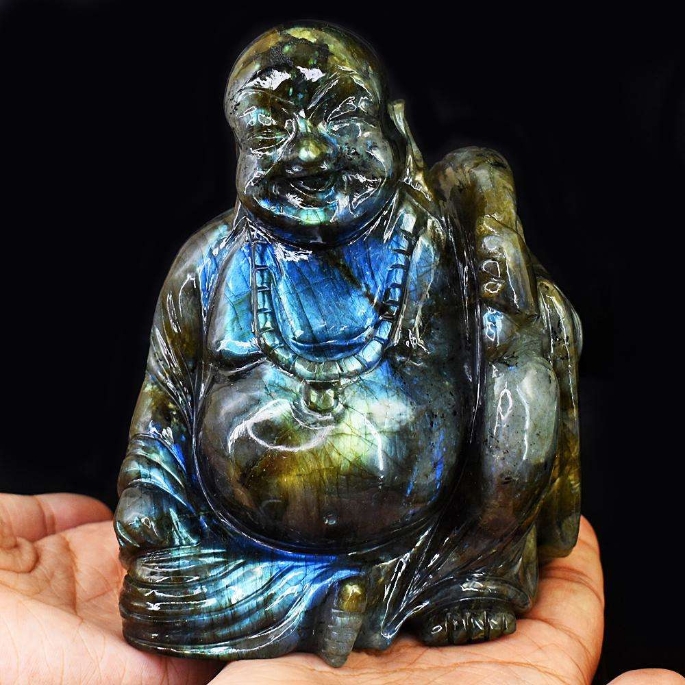 gemsmore:Beautiful Amazing Flash Labradorite Hand Carved Laughing Buddha