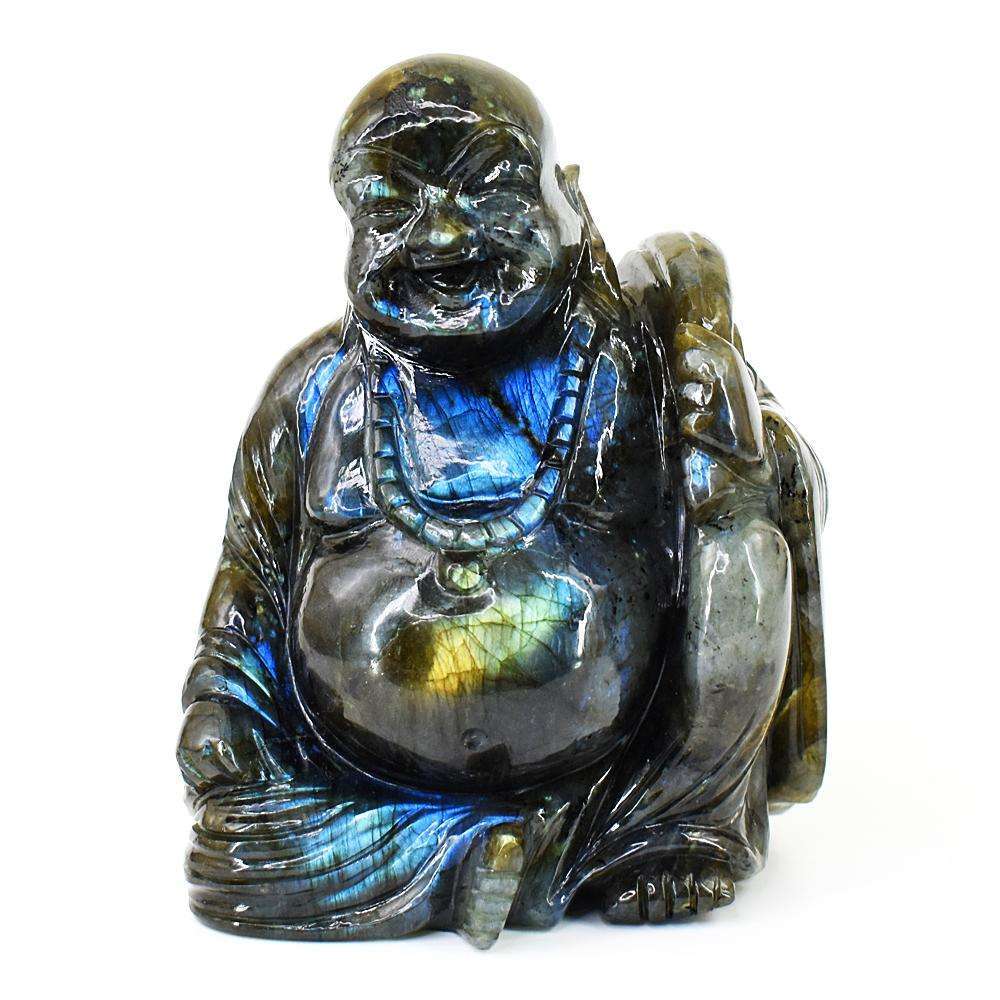 gemsmore:Beautiful Amazing Flash Labradorite Hand Carved Laughing Buddha