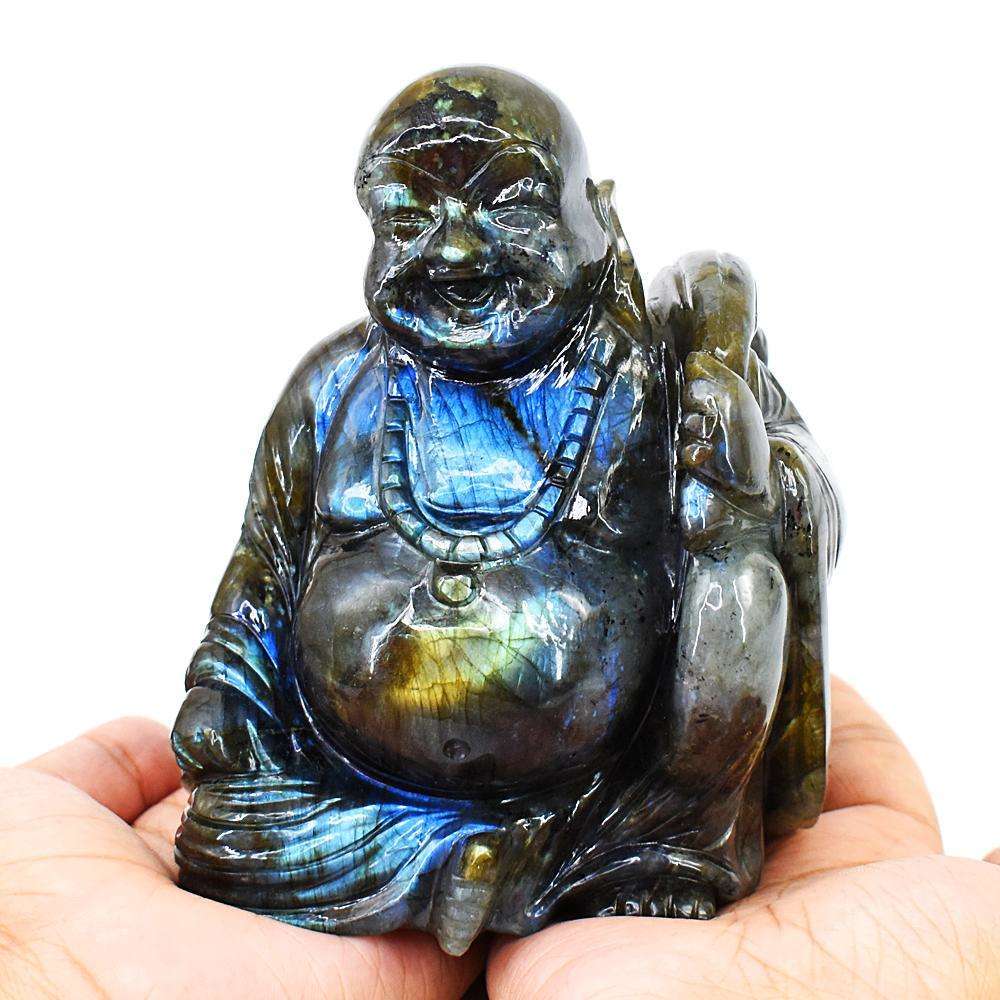 gemsmore:Beautiful Amazing Flash Labradorite Hand Carved Laughing Buddha