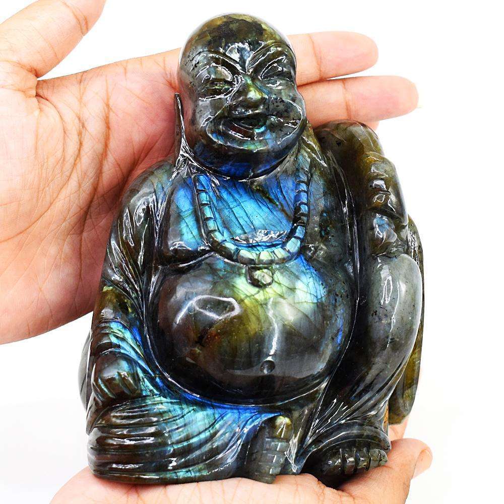 gemsmore:Beautiful Amazing Flash Labradorite Hand Carved Laughing Buddha