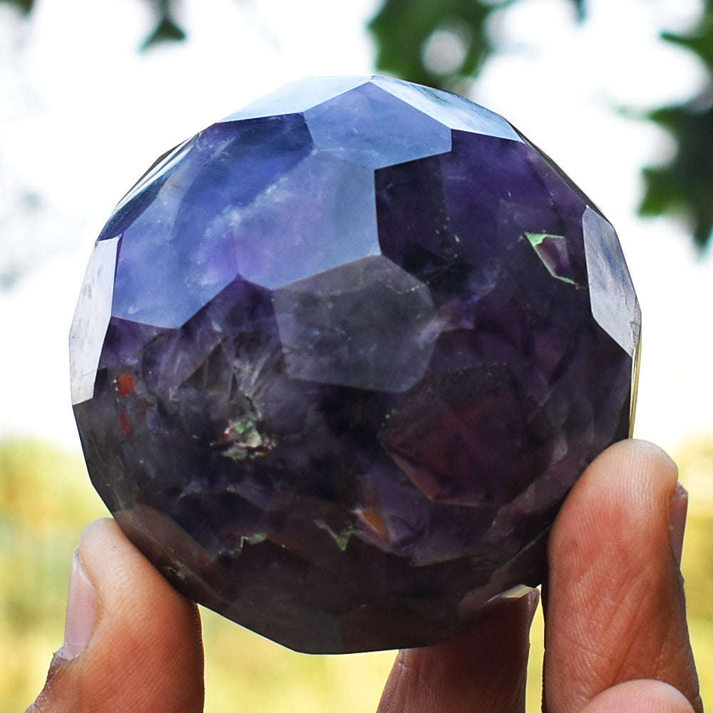 gemsmore:Beautiful Amethyst Hand Carved Checkers Cut Healing Crystal Sphere