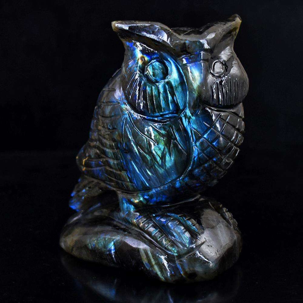 gemsmore:Beautiful Blue Flash Labardorite Hand Carved Gemstone Owl