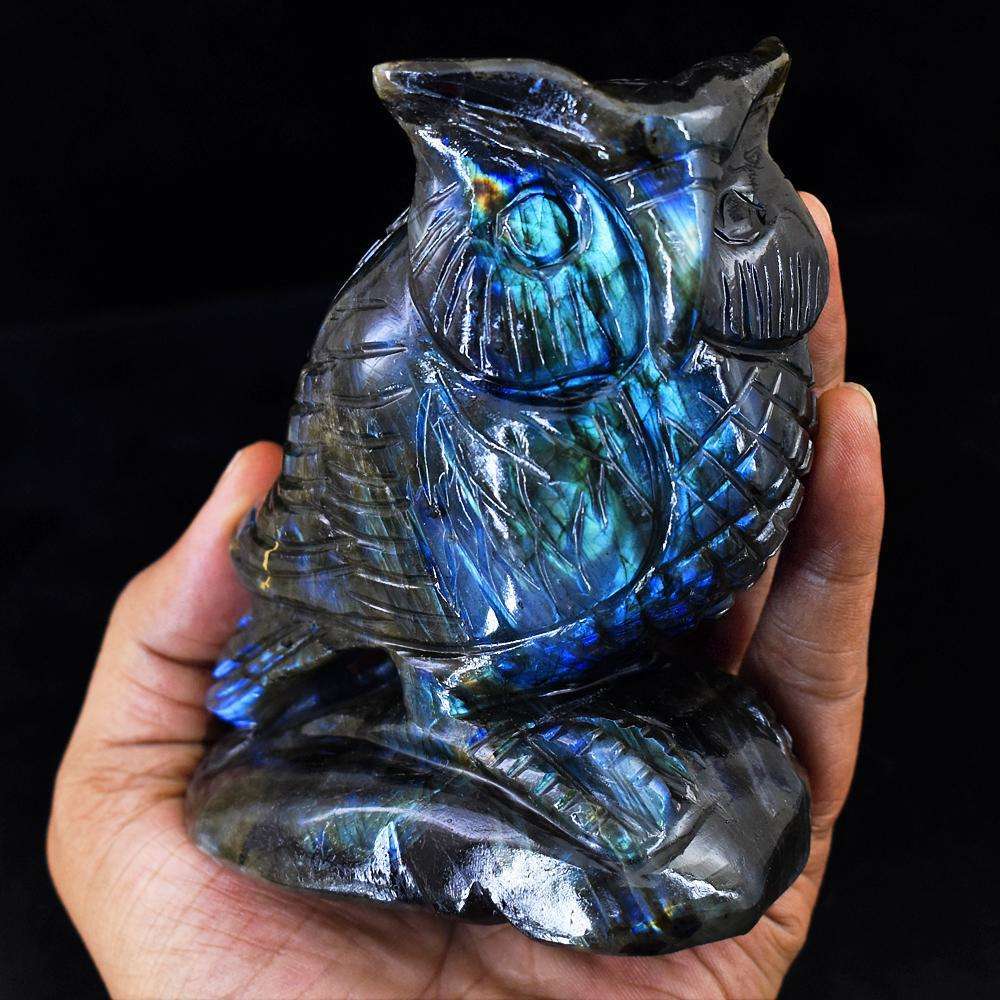 gemsmore:Beautiful Blue Flash Labardorite Hand Carved Gemstone Owl