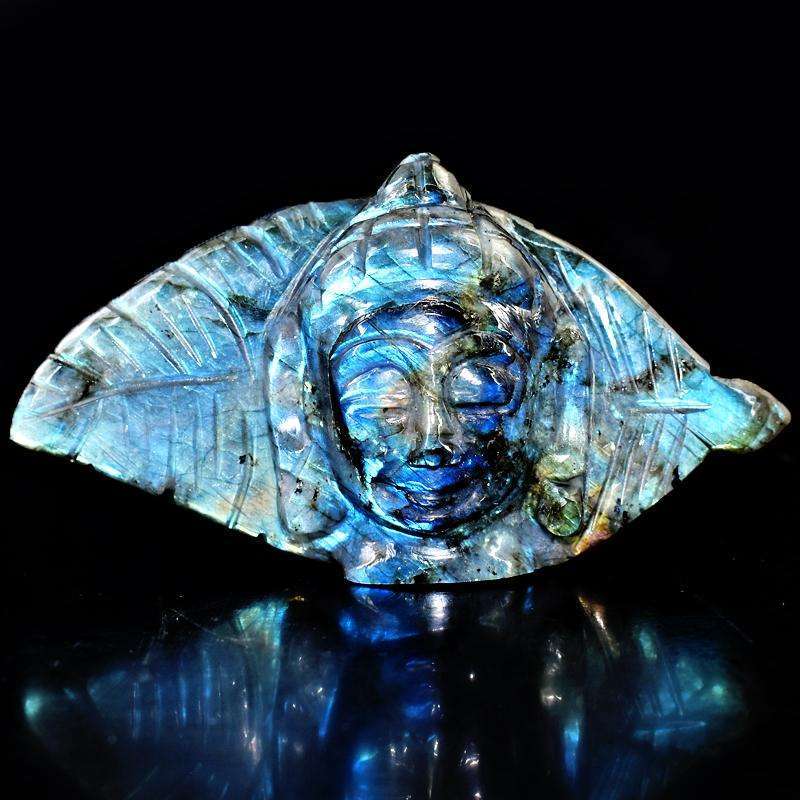 gemsmore:Beautiful Blue Flash Labradorite Carved Lord Buddha Head With Leaf