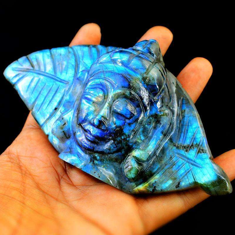 gemsmore:Beautiful Blue Flash Labradorite Carved Lord Buddha Head With Leaf