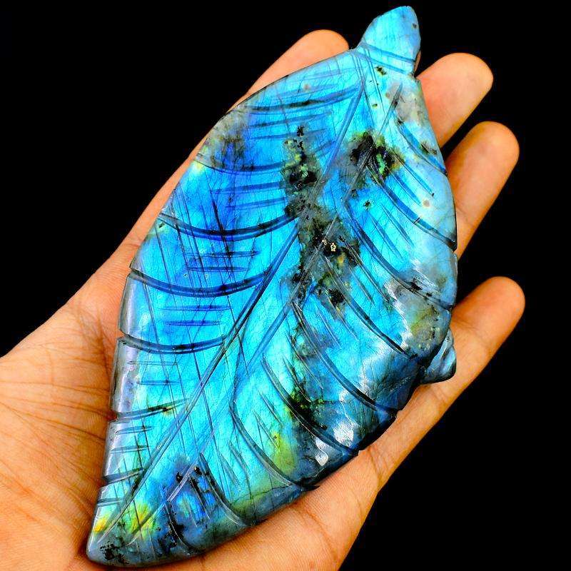 gemsmore:Beautiful Blue Flash Labradorite Carved Lord Buddha Head With Leaf