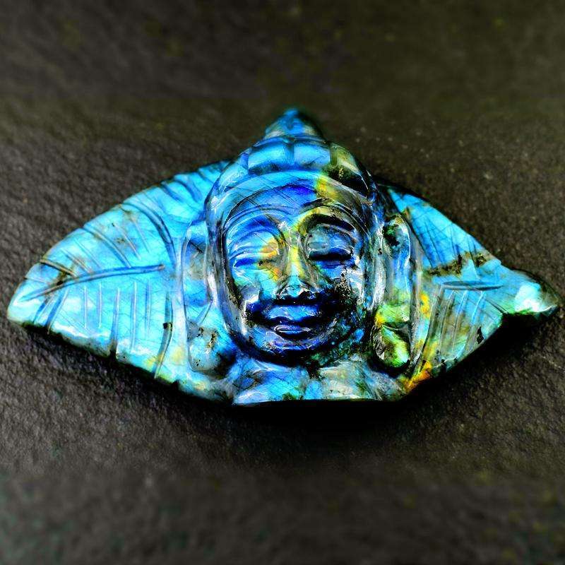 gemsmore:Beautiful Blue Flash Labradorite Carved Lord Buddha Head With Leaf