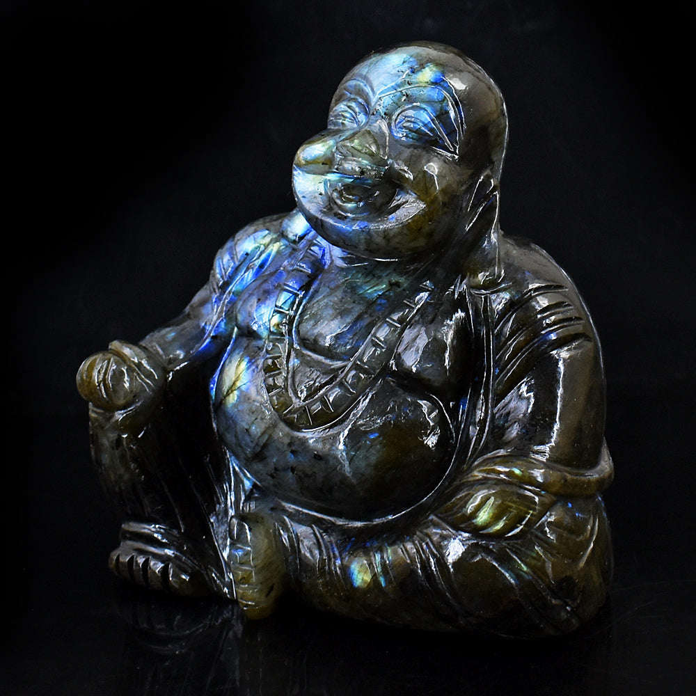 gemsmore:Beautiful Blue Flash Labradorite Hand Carved Laughing Buddha