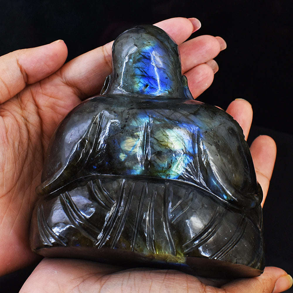 gemsmore:Beautiful Blue Flash Labradorite Hand Carved Laughing Buddha