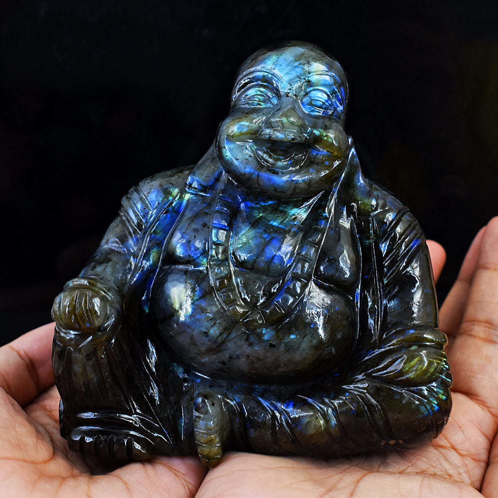 gemsmore:Beautiful Blue Flash Labradorite Hand Carved Laughing Buddha