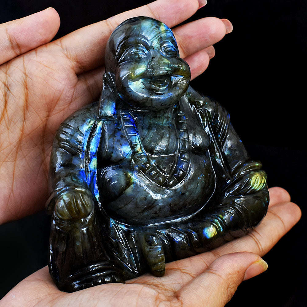 gemsmore:Beautiful Blue Flash Labradorite Hand Carved Laughing Buddha