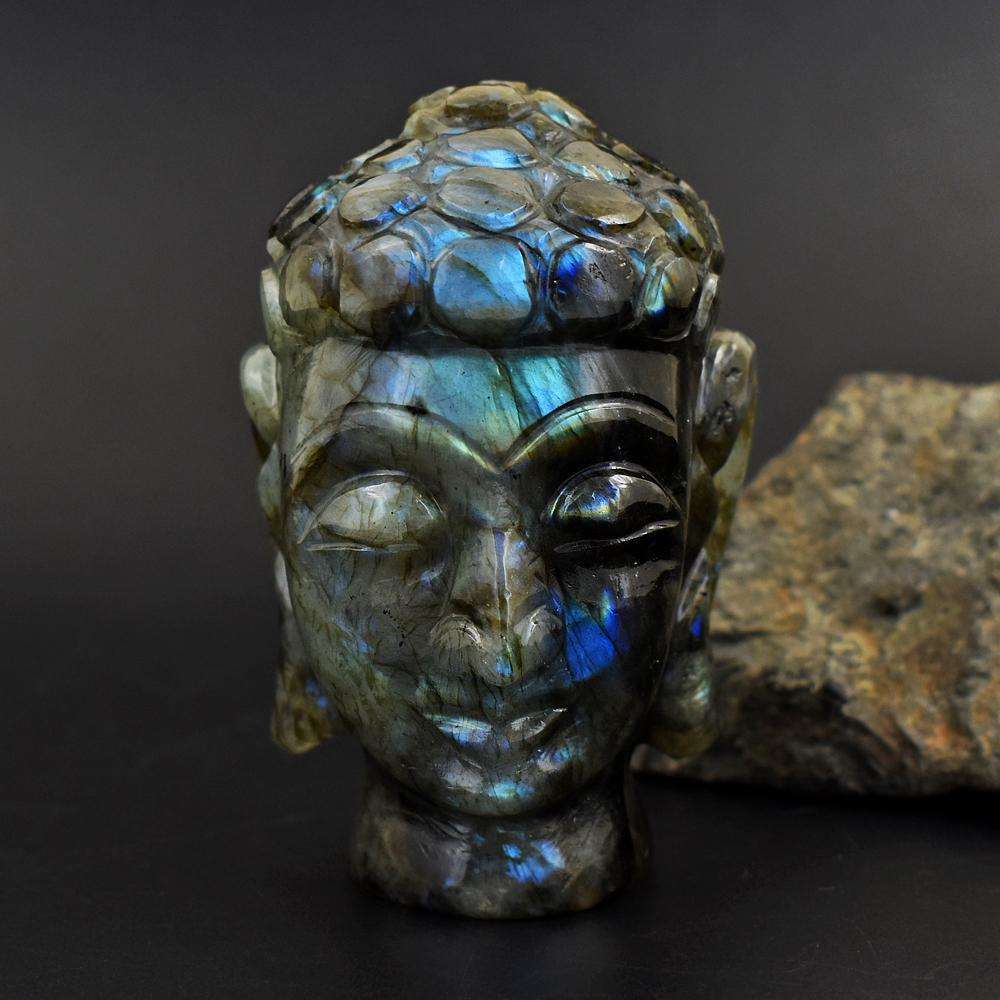 gemsmore:Beautiful Blue Flash Labradorite Hand Carved Lord Buddha Head
