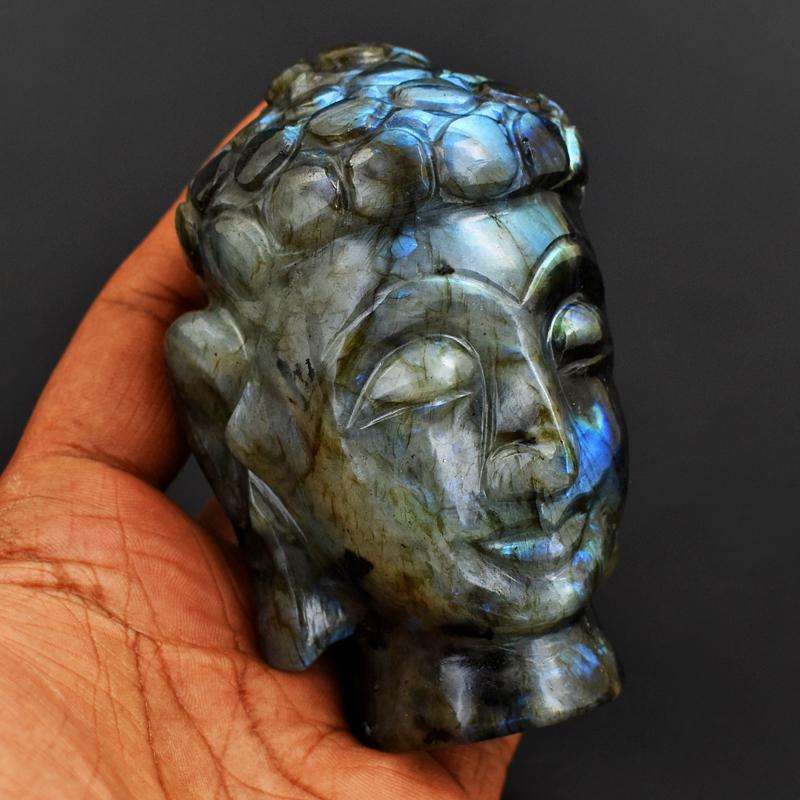 gemsmore:Beautiful Blue Flash Labradorite Hand Carved Lord Buddha Head