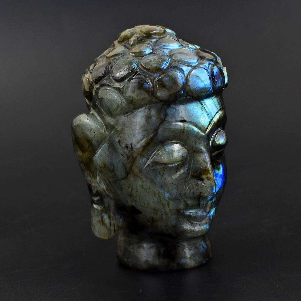 gemsmore:Beautiful Blue Flash Labradorite Hand Carved Lord Buddha Head