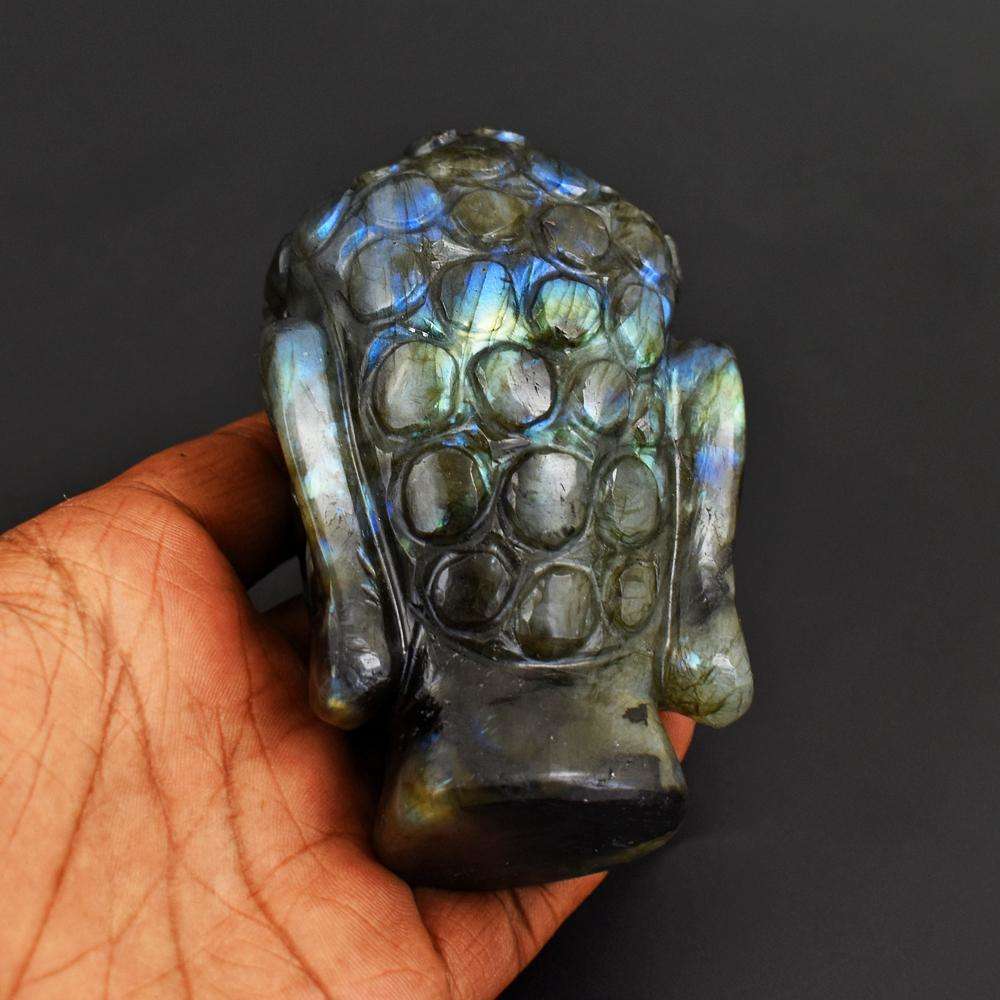 gemsmore:Beautiful Blue Flash Labradorite Hand Carved Lord Buddha Head
