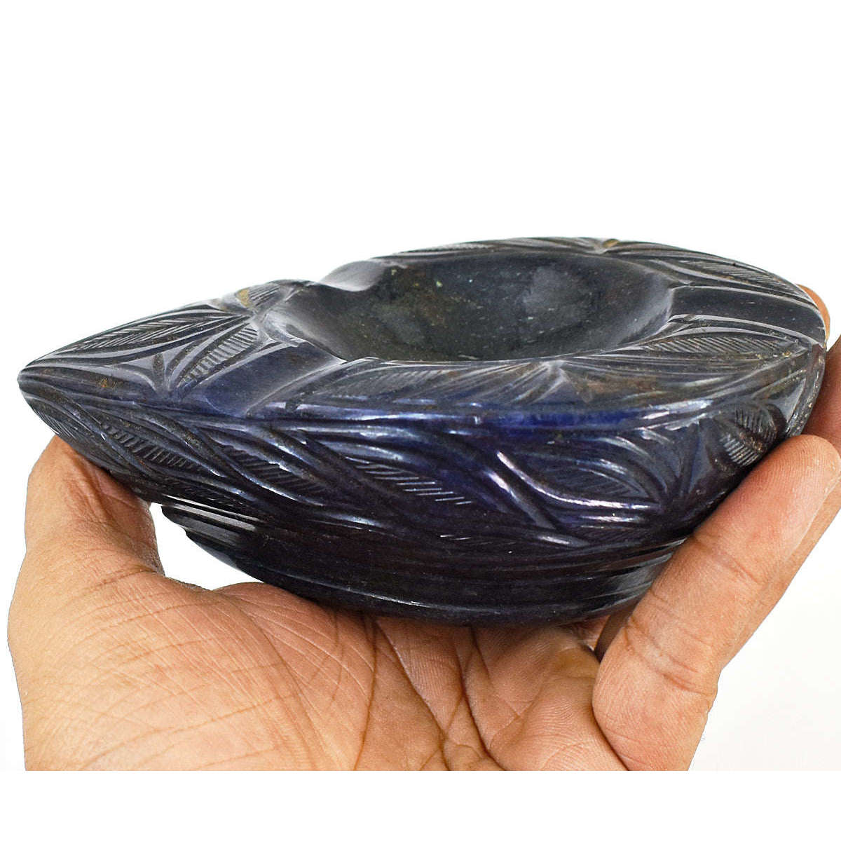 gemsmore:Beautiful Blue Jade Hand Carved Genuine Crystal Gemstone Carving Ash Trey