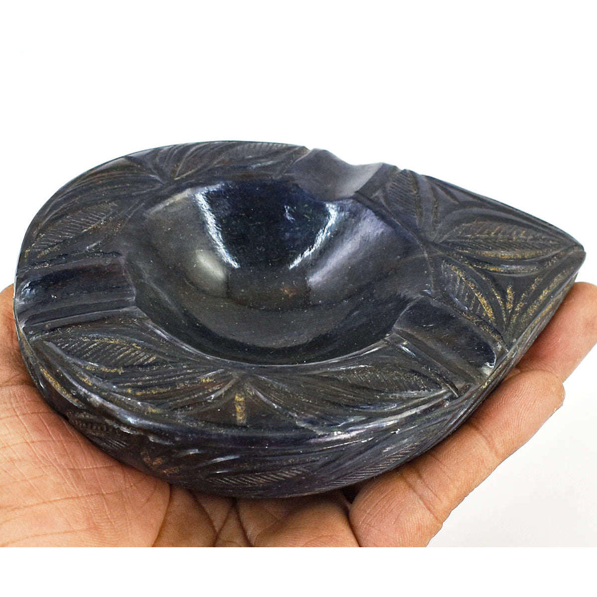 gemsmore:Beautiful Blue Jade Hand Carved Genuine Crystal Gemstone Carving Ash Trey