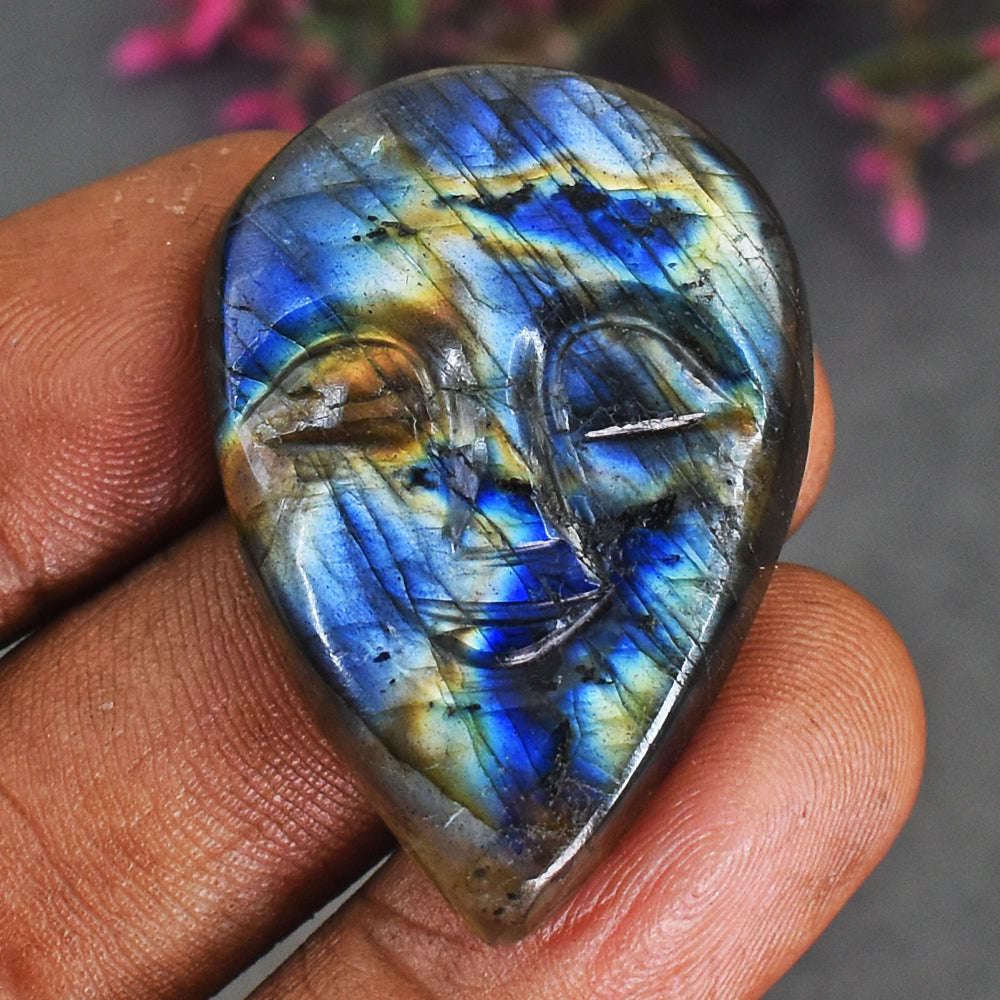 gemsmore:Beautiful Genuine Golden & Blue Flash Labradorite Carved Smiling Face Gem