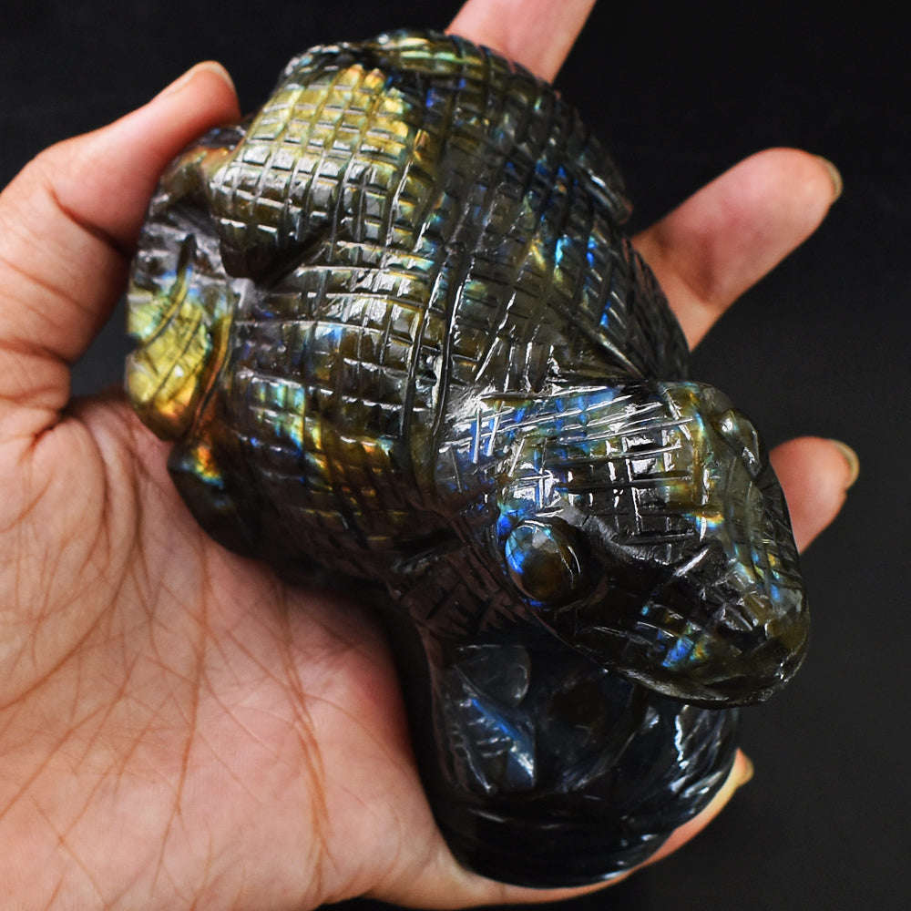 gemsmore:Beautiful Golden & Blue Flash Labradorite Hand Carved Genuine Crystal Gemstone Carving Chameleon