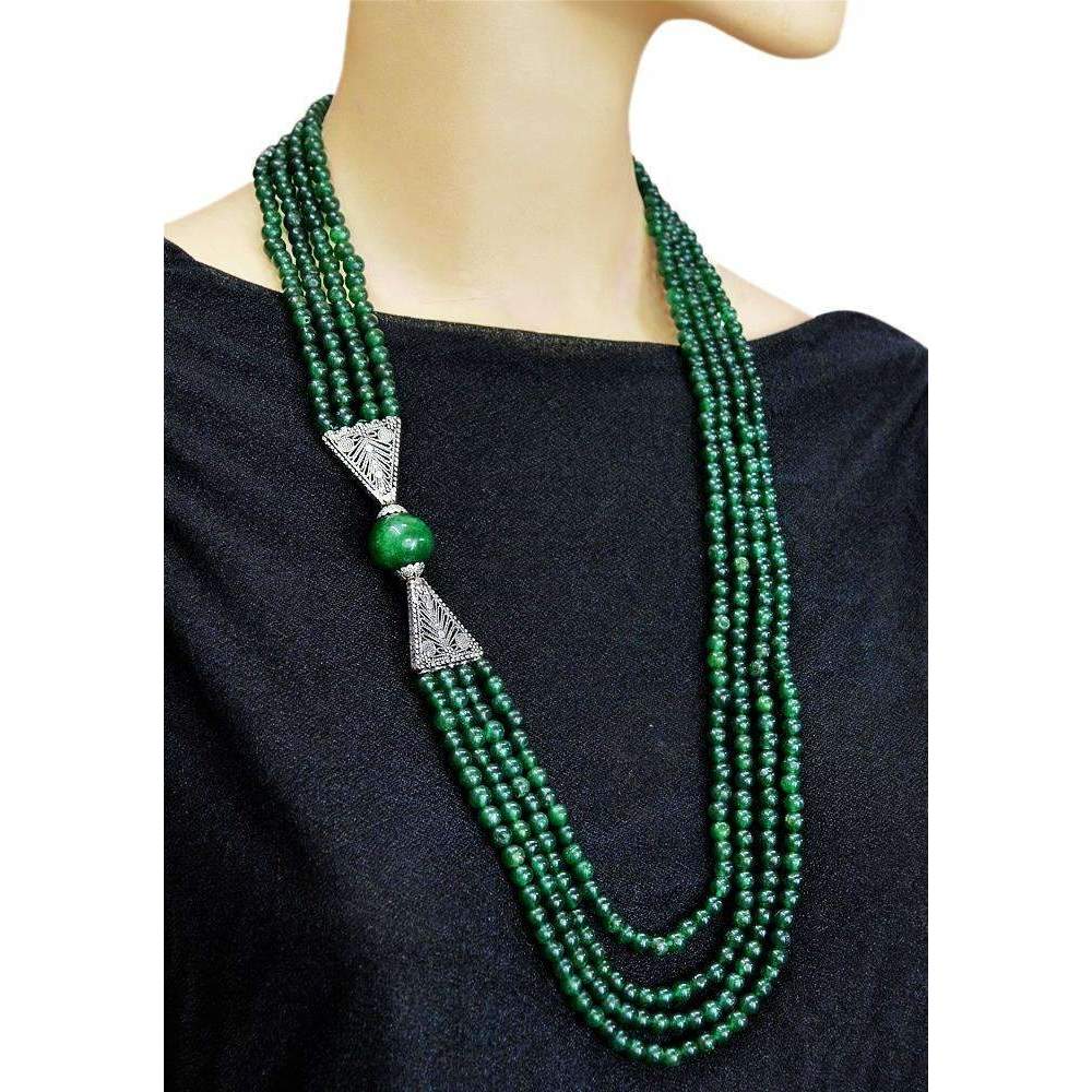 gemsmore:Beautiful Green Jade Necklace Natural 4 Strand Round Shape Beads