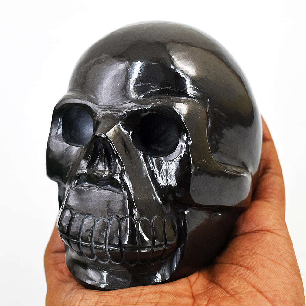 gemsmore:Beautiful Hematite Hand Carved Genuine Crystal Gemstone Carving Skull