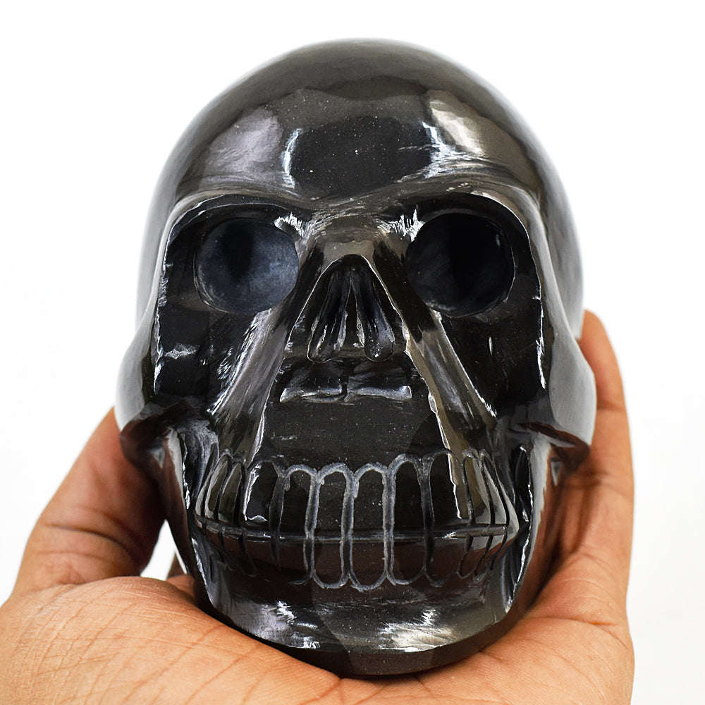 gemsmore:Beautiful Hematite Hand Carved Genuine Crystal Gemstone Carving Skull