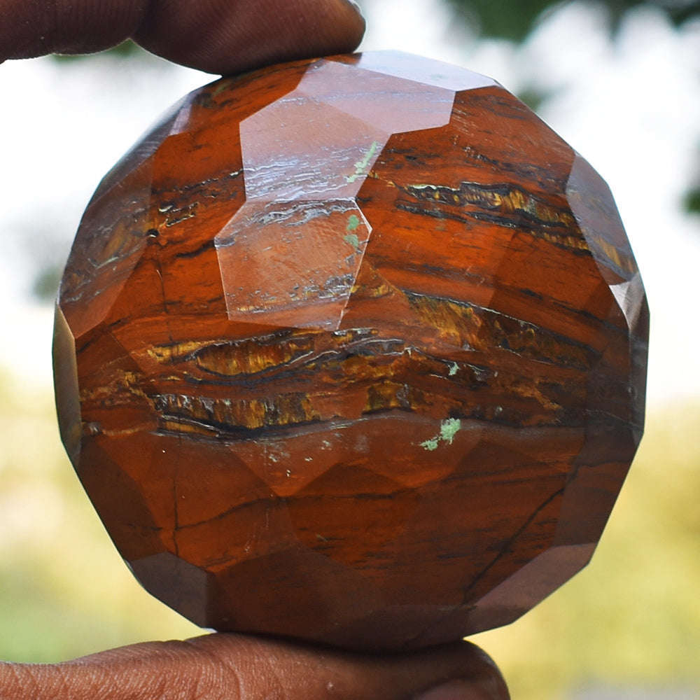 gemsmore:Beautiful Iron Tiger  Eye Hand Carved Faceted Healing Crystal Sphere