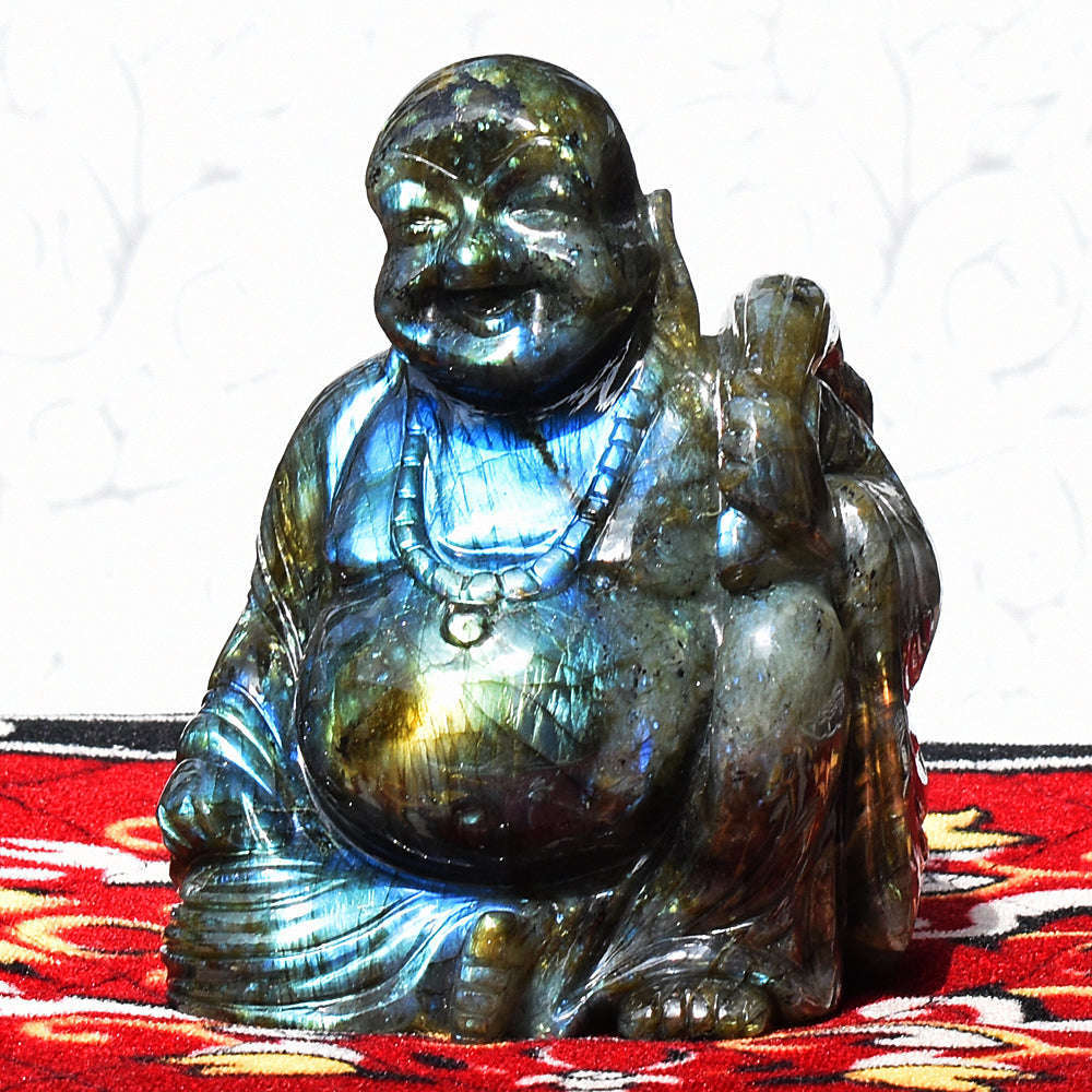 gemsmore:Beautiful Labradorite Hand Carved Genuine Crystal Gemstone Carving Laughing Buddha