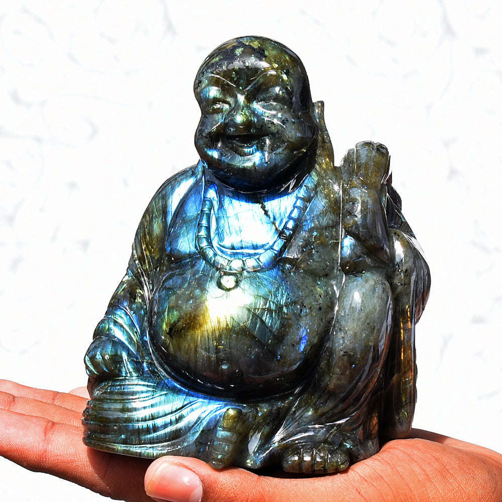 gemsmore:Beautiful Labradorite Hand Carved Genuine Crystal Gemstone Carving Laughing Buddha
